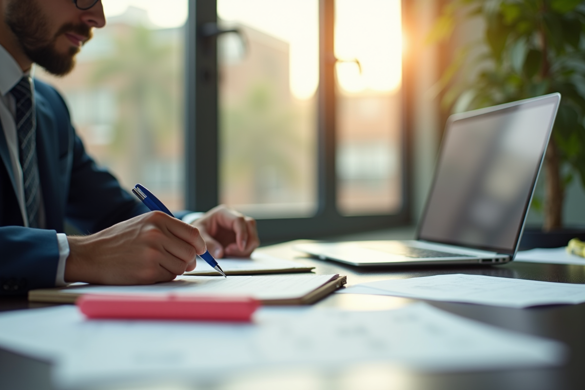 Espace de travail professionnel avec personne prenant des notes