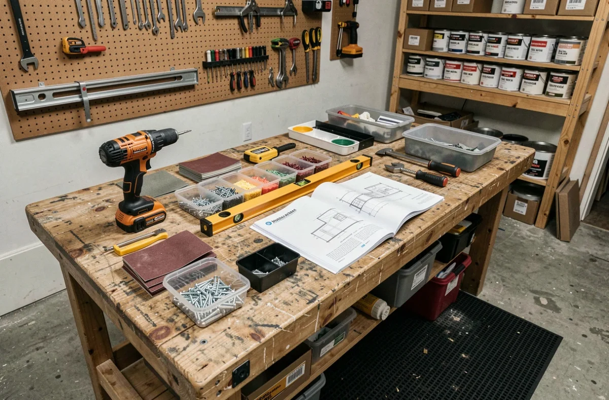 Établi de bricolage organisé avec des outils professionnels pour préparer une rénovation maison
