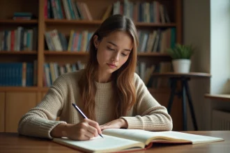 Jeune femme étudiant le passé simple en français dans un cahier de grammaire, assise à un bureau en bois dans une bibliothèque chaleureuse