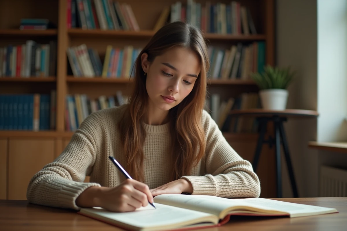 Jeune femme étudiant le passé simple en français dans un cahier de grammaire, assise à un bureau en bois dans une bibliothèque chaleureuse