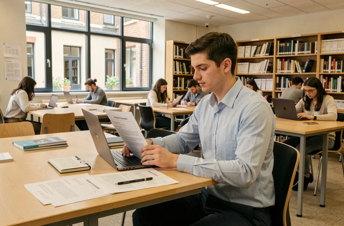 Étudiant consultant un classement d'écoles d'ingénieur en alternance dans une bibliothèque universitaire moderne