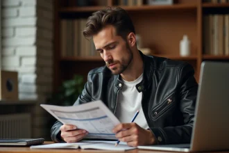 Homme étudiant le code de la route moto à son bureau avec un livret et un ordinateur portable affichant des tests gratuits en ligne