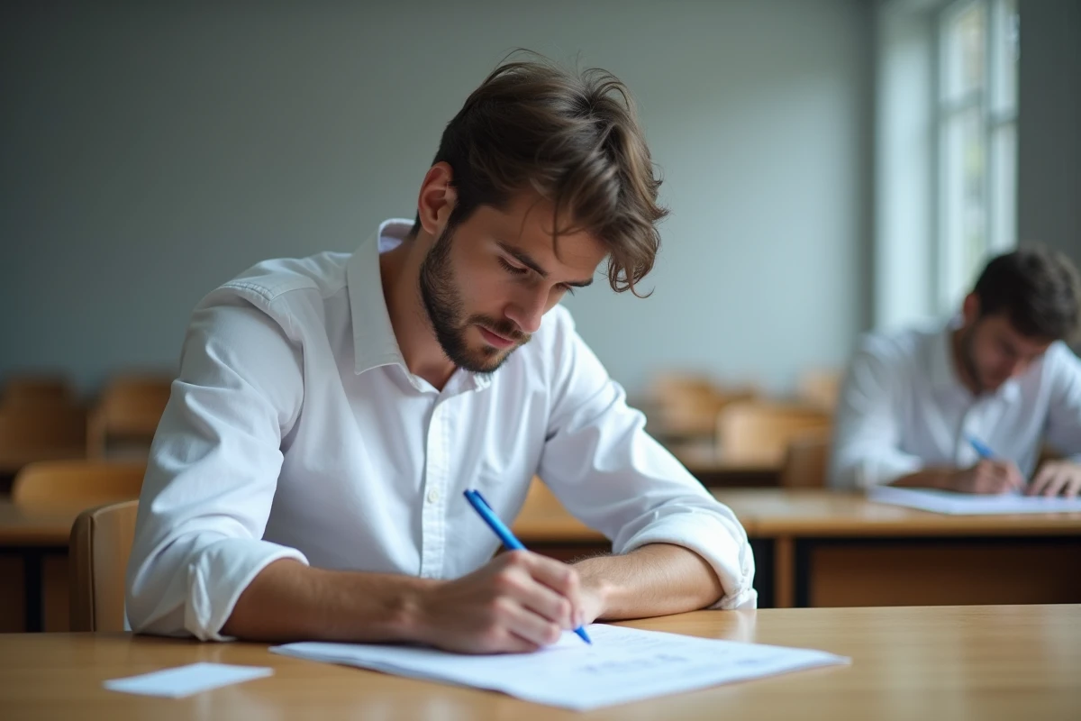 Étudiant passant un concours de mathématiques en salle d'examen avec formules trigonométriques autorisées