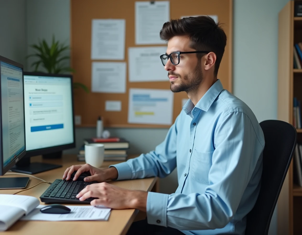 Étudiant connecté à sa messagerie académique Clermont-Ferrand depuis son appartement avec un guide universitaire