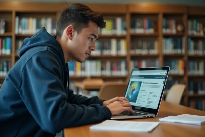 Étudiant masculin utilisant le portail ENT Bordeaux INP sur un ordinateur portable dans une bibliothèque universitaire moderne