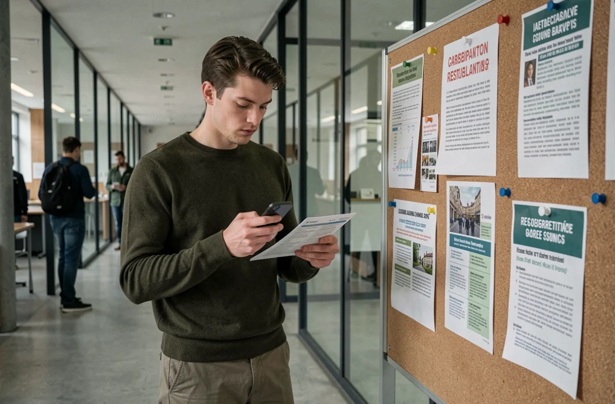 Étudiant consultant les réglages de son ENT sur smartphone devant le tableau d'affichage de SIGMA Clermont en début d'année