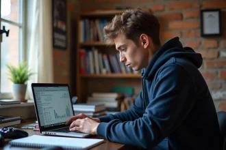 Étudiant en jeu vidéo comparant les coûts de formations sur son ordinateur portable dans un appartement modeste