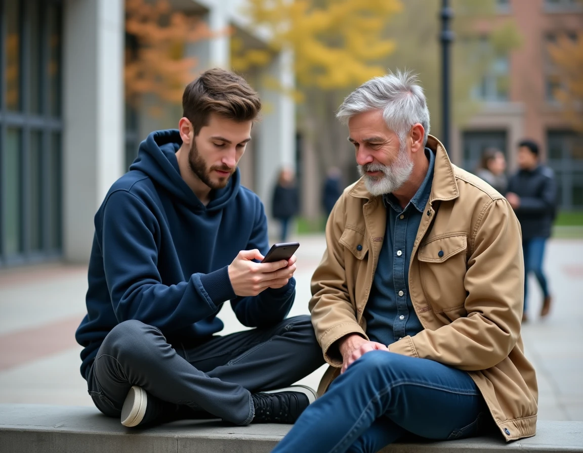 Étudiant IUT Tours montrant l'application ENT à son parent sur un smartphone dans le campus