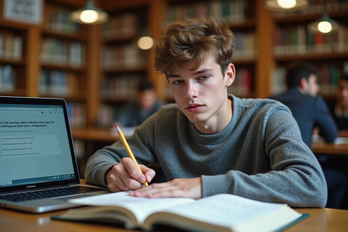 Étudiant universitaire révisant les chiffres de Pi avec un quiz en ligne dans une bibliothèque