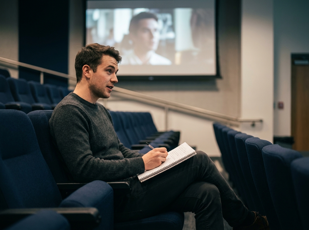 Étudiant en cinéma prenant des notes seul dans une salle de cours avec projection de film dans une école spécialisée