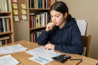 Lycéenne calculant ses coefficients du bac S sur une fiche de notes posée sur un bureau en bois