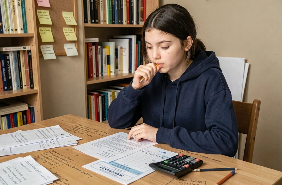 Lycéenne calculant ses coefficients du bac S sur une fiche de notes posée sur un bureau en bois