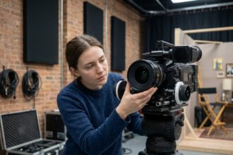 Étudiante en école de cinéma ajustant une caméra professionnelle sur trépied dans un studio de tournage pédagogique