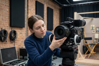 Étudiante en école de cinéma ajustant une caméra professionnelle sur trépied dans un studio de tournage pédagogique