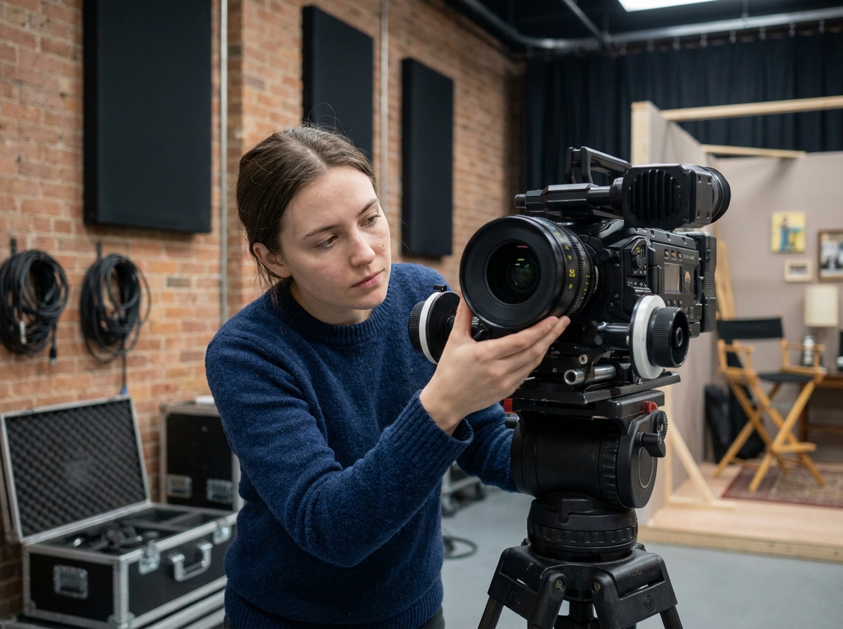 Étudiante en école de cinéma ajustant une caméra professionnelle sur trépied dans un studio de tournage pédagogique