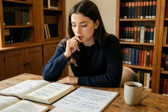 Étudiante prenant des notes sur les connecteurs logiques en français et en anglais pour rédiger un essai