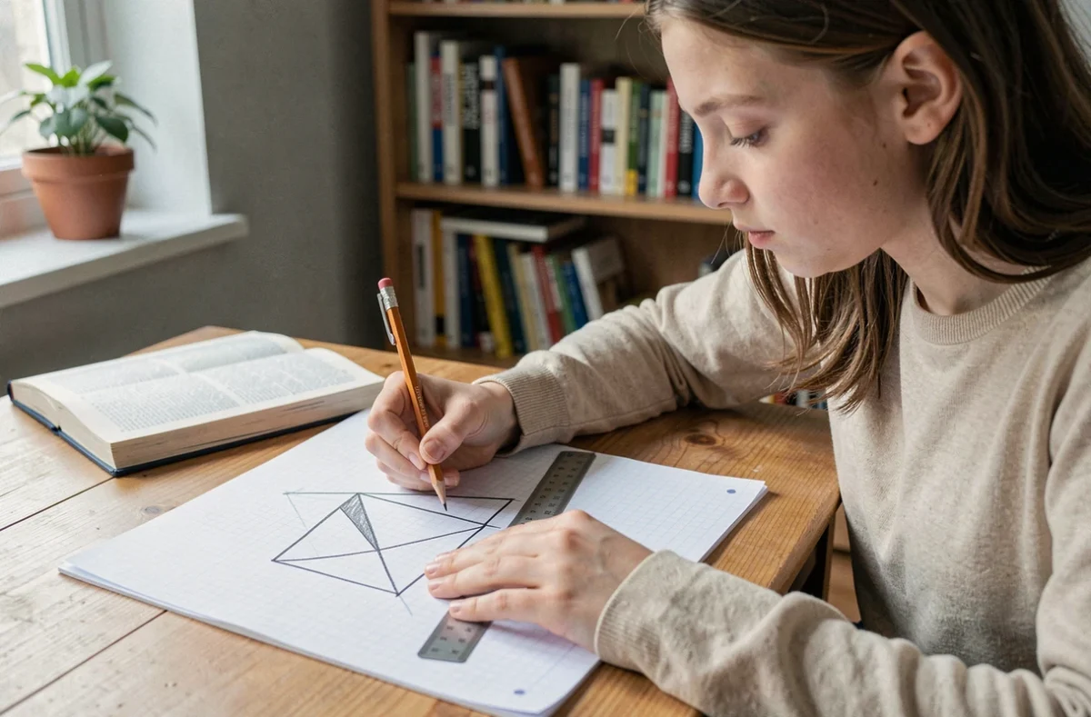Étudiante dessinant une pyramide à base triangulaire sur du papier quadrillé pour un exercice de géométrie
