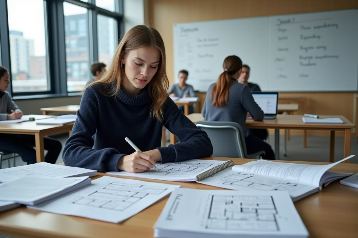Étudiante en formation de décoratrice d'intérieur prenant des notes sur des plans d'aménagement dans une salle de cours moderne