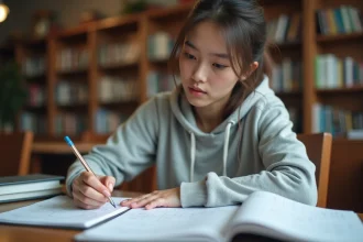 Étudiante révisant des formules trigonométriques cos sin dans une bibliothèque universitaire pour un concours