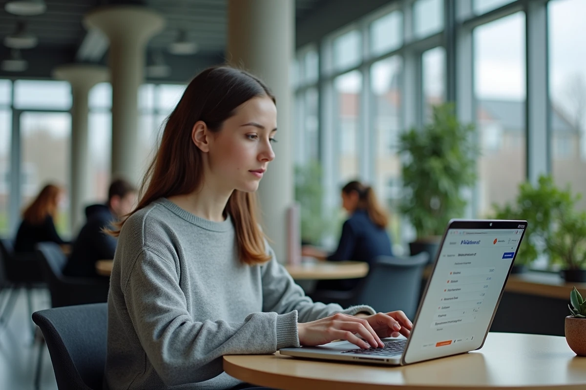 Étudiante consultant la plateforme Moodle pour ses cours en ligne dans une salle commune universitaire de Bordeaux
