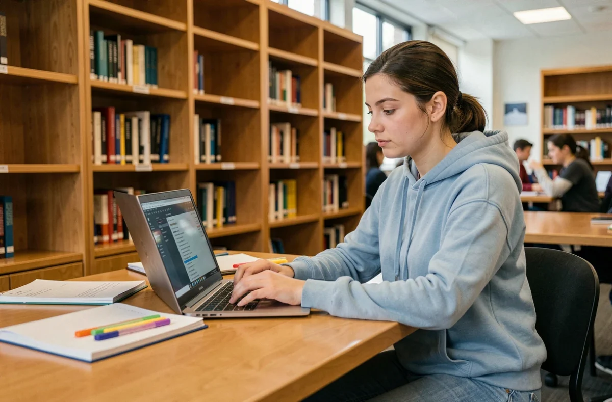Étudiante configurant les réglages de son ordinateur portable à la bibliothèque universitaire SIGMA Clermont à la rentrée