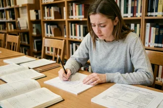 Étudiante travaillant sur des sujets type concours e3a et mines-ponts dans une bibliothèque universitaire