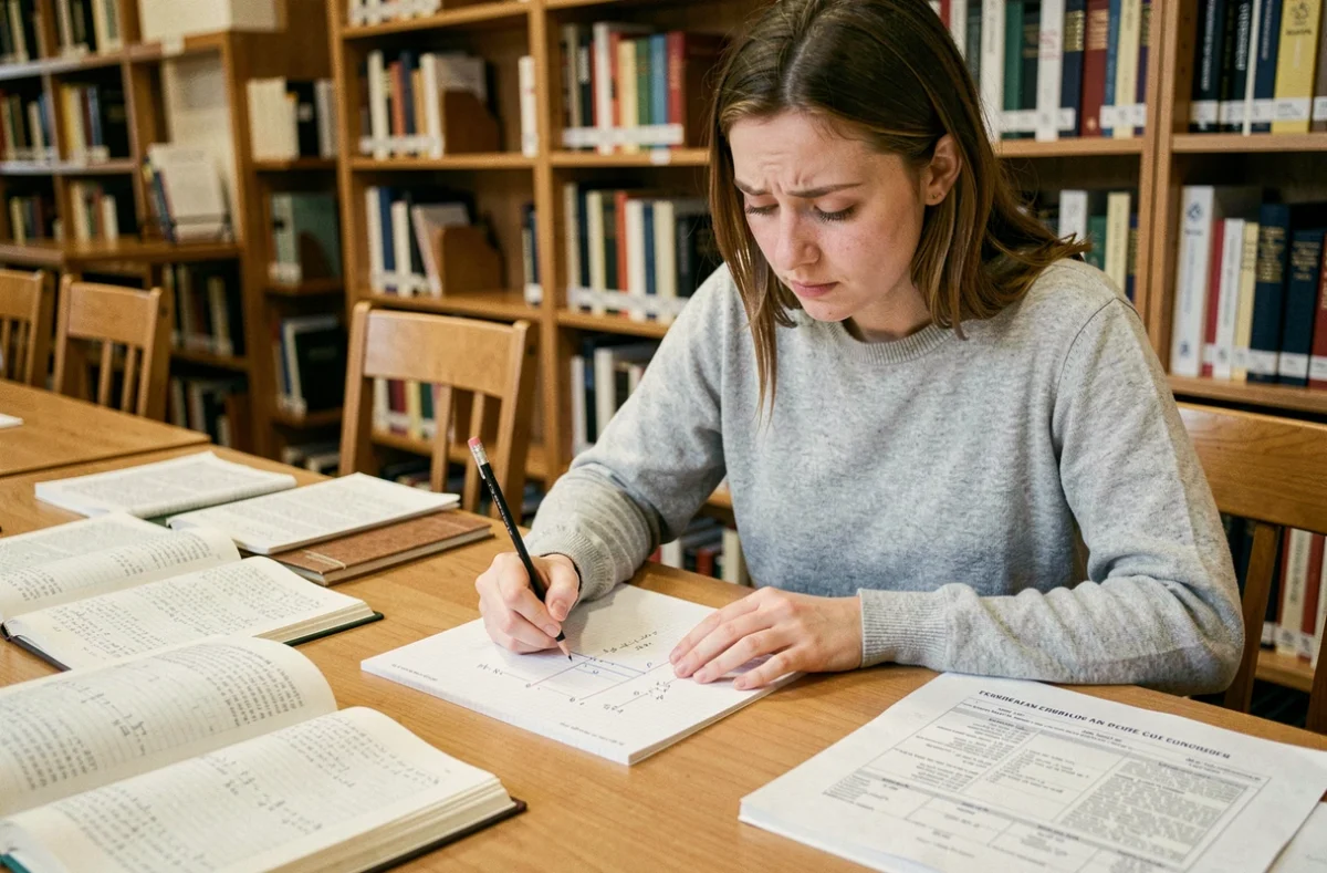 Étudiante travaillant sur des sujets type concours e3a et mines-ponts dans une bibliothèque universitaire