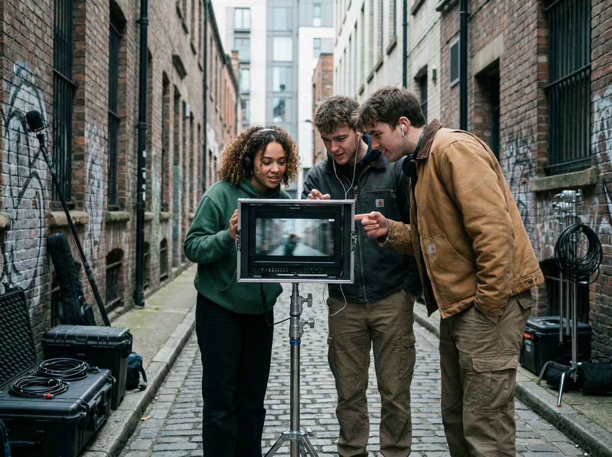 Groupe d'étudiants en audiovisuel analysant des rushes sur un moniteur lors d'un tournage en extérieur en milieu urbain