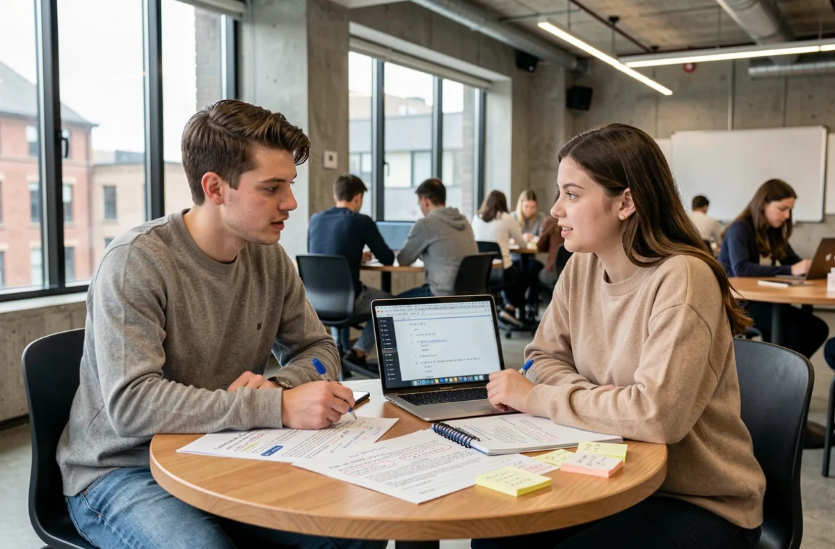 Deux étudiants collaborant pour construire des sujets type concours e3a et solus dans un espace de travail moderne