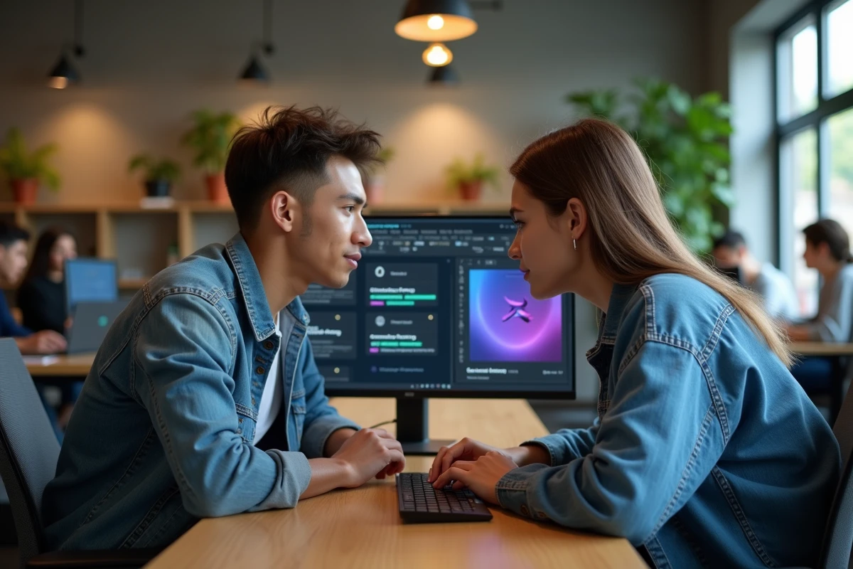 Deux étudiants en développement de jeux vidéo comparant des formations alternatives moins chères dans un espace de coworking