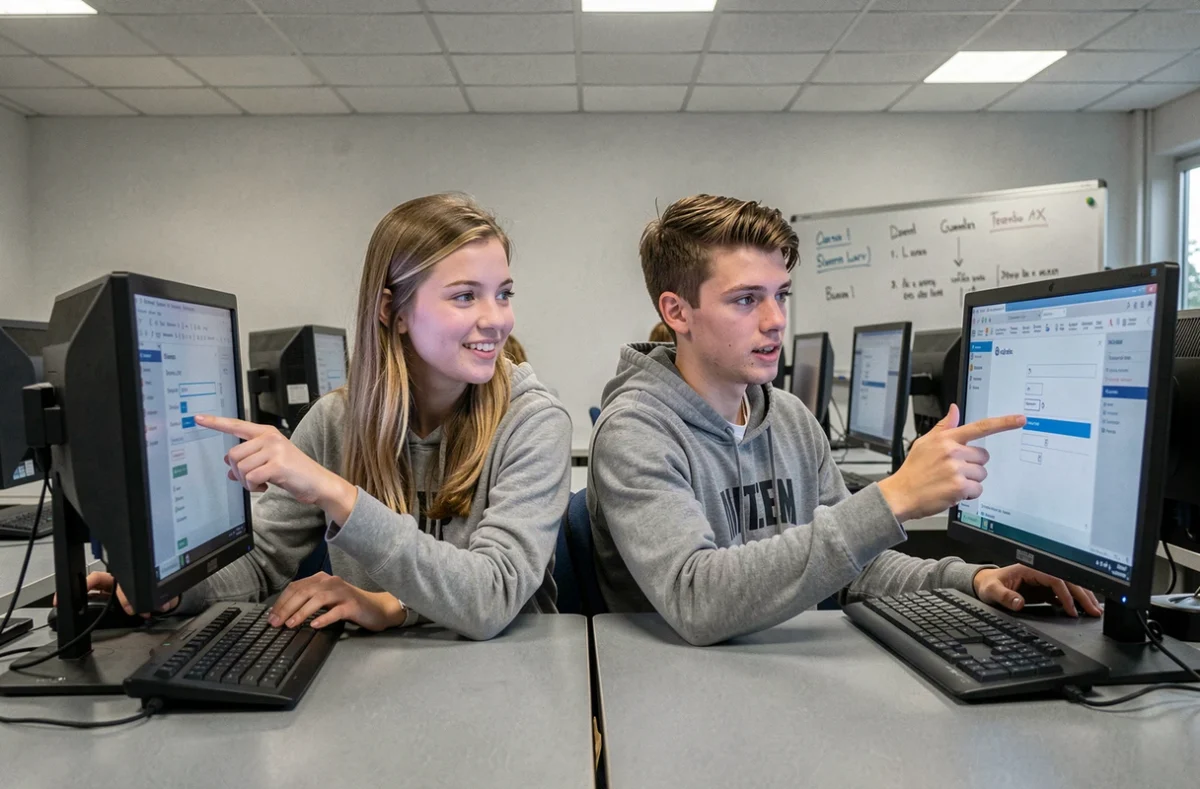 Deux étudiants configurant ensemble les paramètres de leur ENT dans une salle informatique de SIGMA Clermont à la rentrée