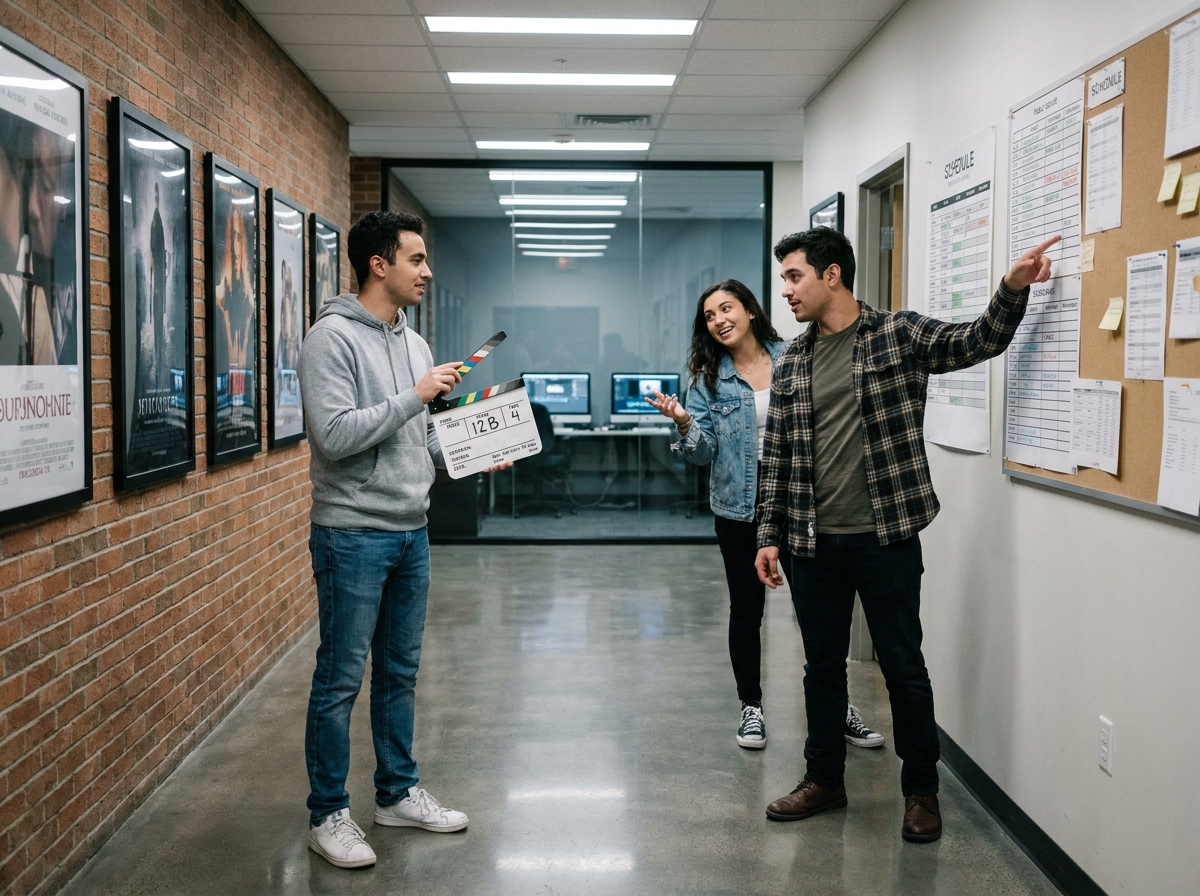 Groupe d'étudiants en cinéma discutant dans un couloir d'école de film entouré d'affiches et de plannings de tournage