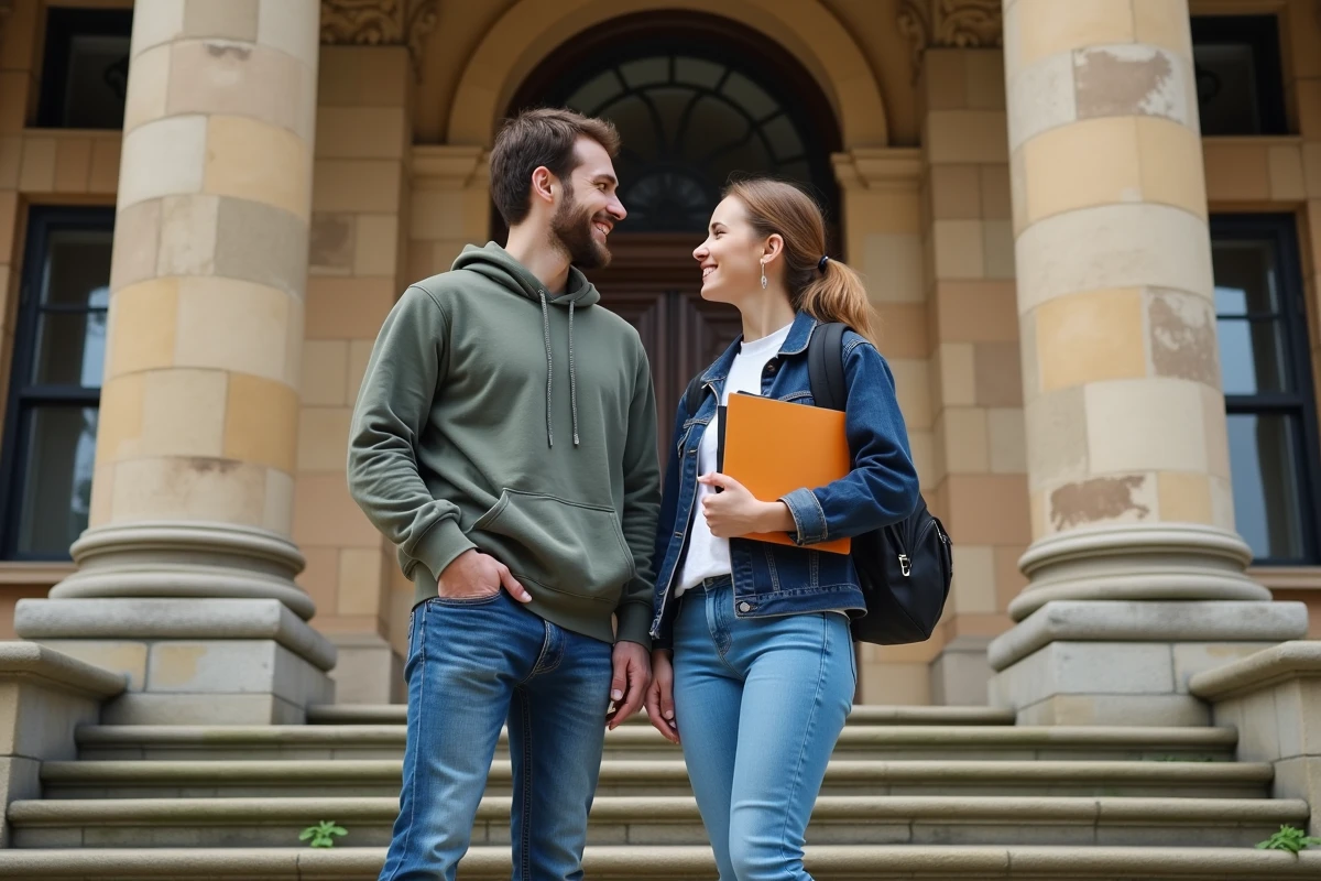 Deux étudiants internationaux discutant sur les marches d