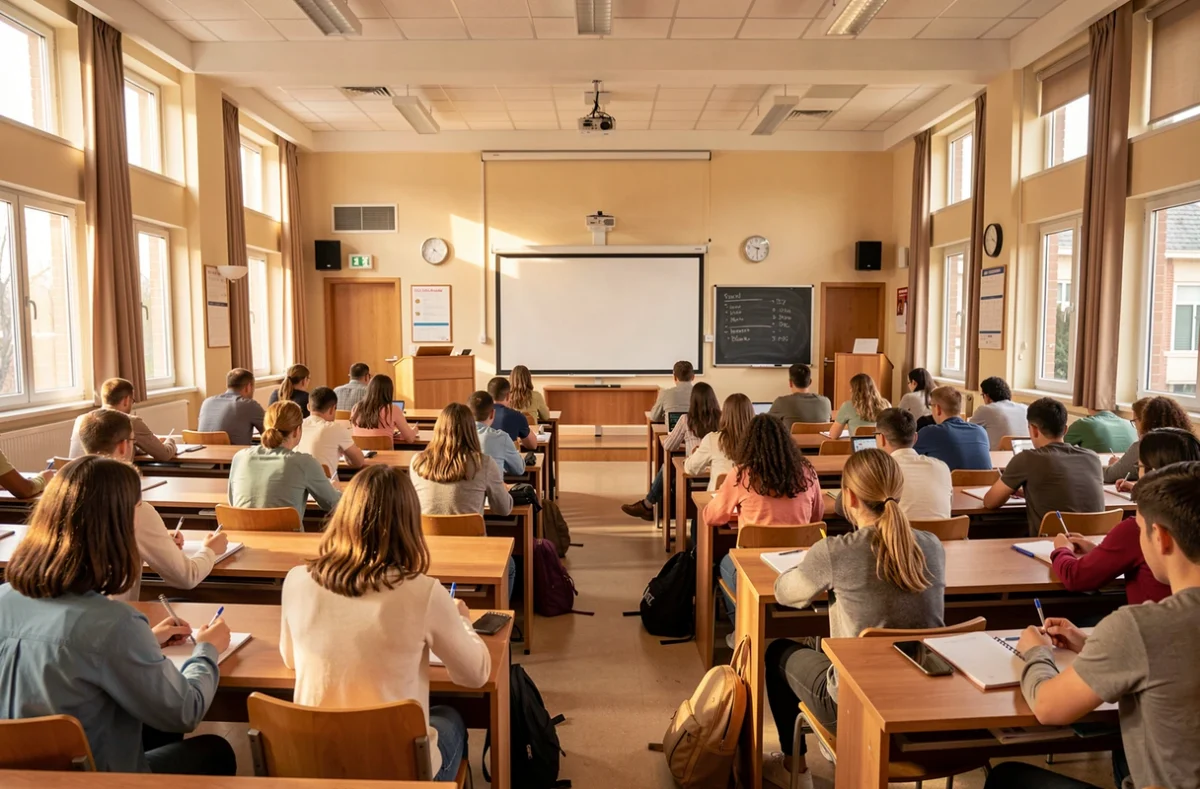 Étudiants prenant des notes dans un amphithéâtre de psychologie