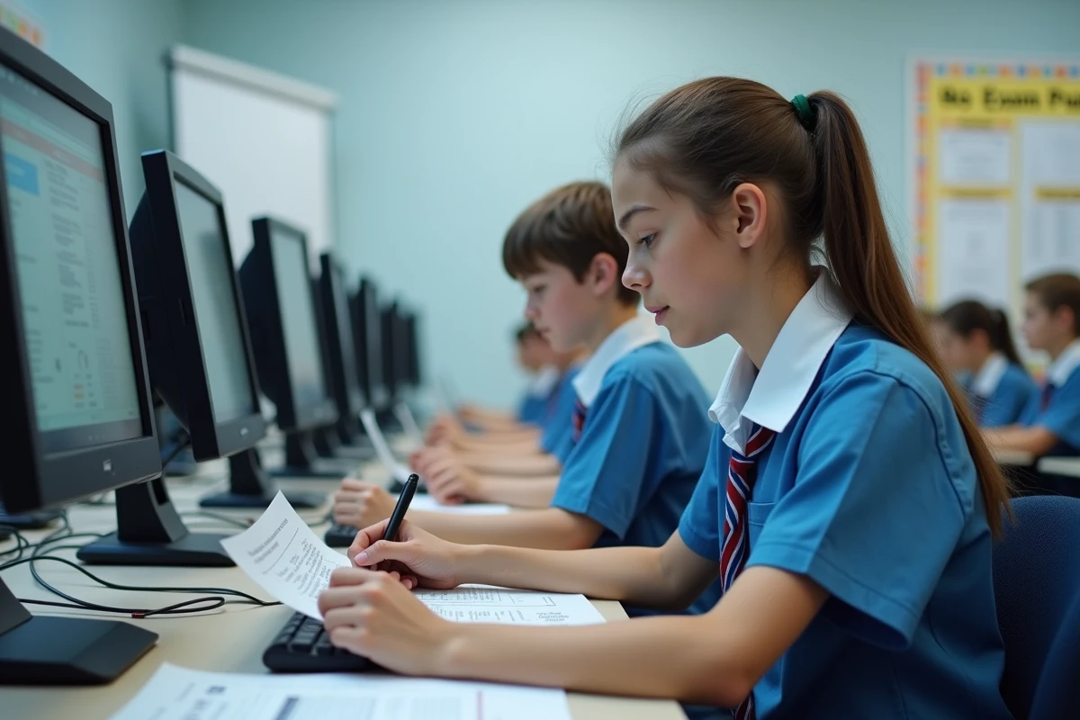 Deux lycéens révisant ensemble en salle informatique avec des ressources en ligne pour préparer le baccalauréat sur Monlycée PSN