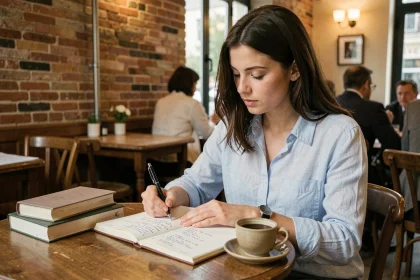 Jeune femme étudiant les verbes du premier groupe en français dans un café parisien avec un cahier ouvert et des manuels FLE