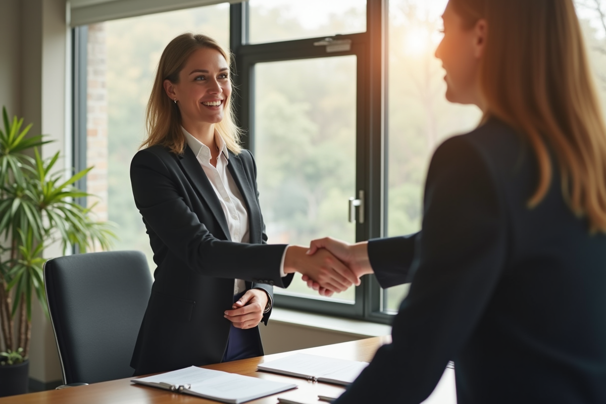 Femme d affaires serrant la main d un officiel dans un bureau