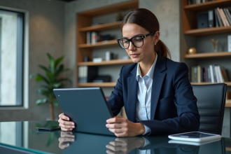 Femme d'affaires en costume regardant une tablette futuriste