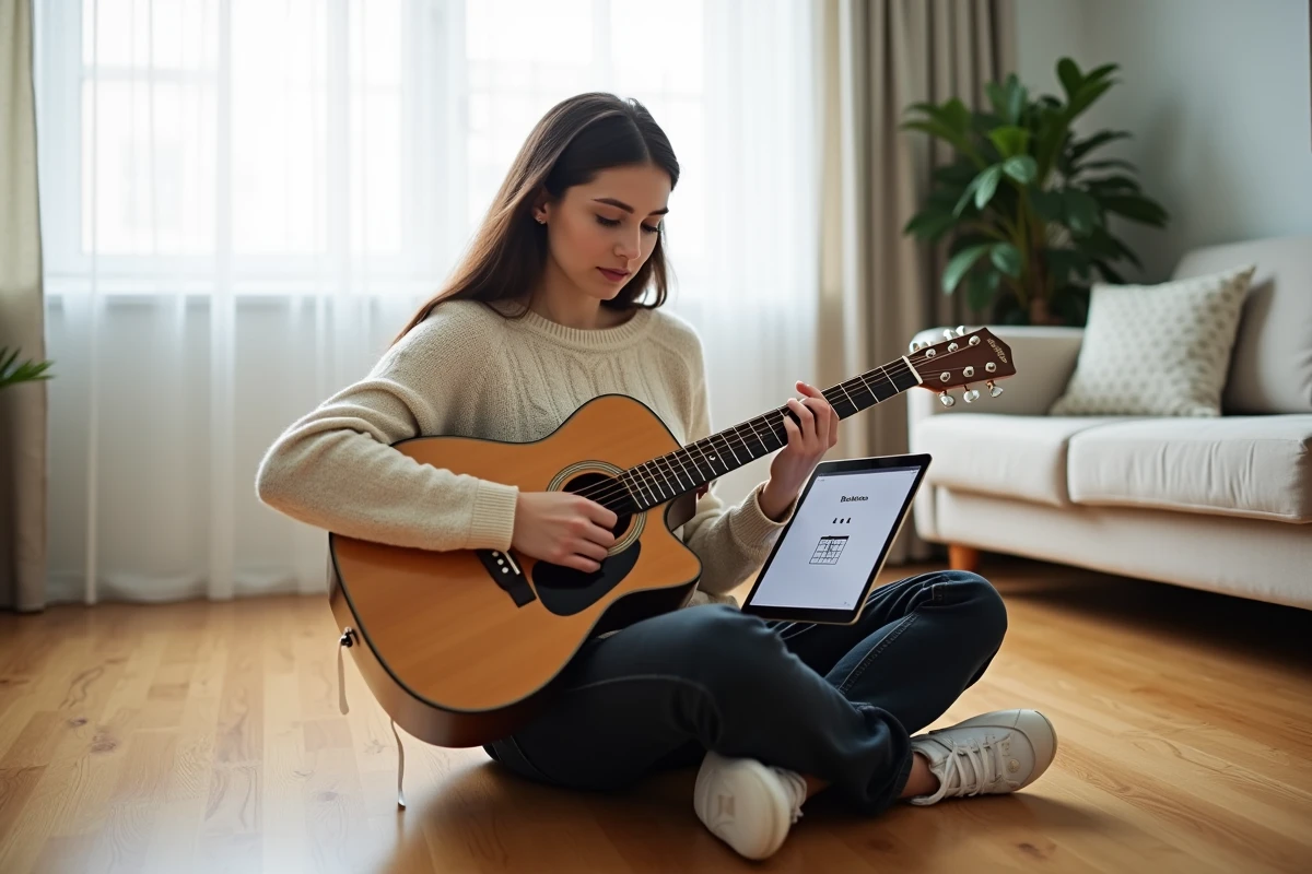 Jeune femme apprenant une tablature de guitare sur tablette numérique dans un salon moderne et lumineux