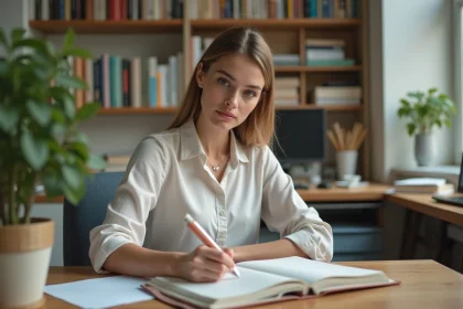 Jeune femme écrivant des verbes impératifs en français