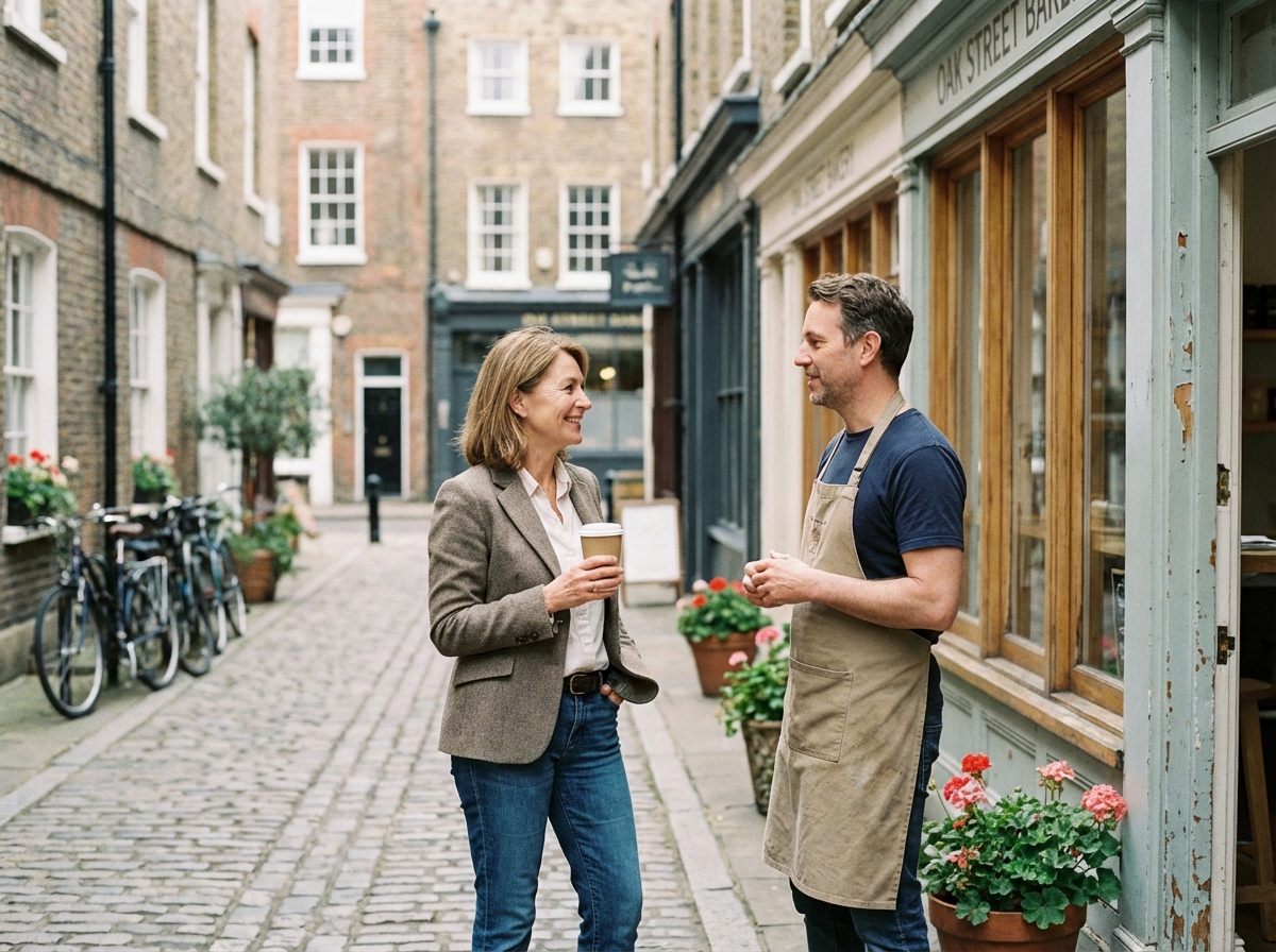 Femme d'âge moyen devant une boulangerie locale accueillante