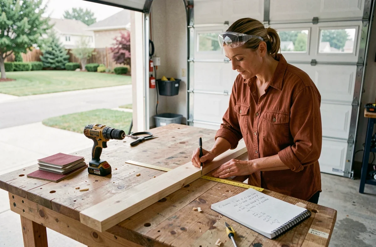 Femme en tenue de bricolage mesurant une planche en bois dans un garage aménagé, illustrant une formation pratique CPF