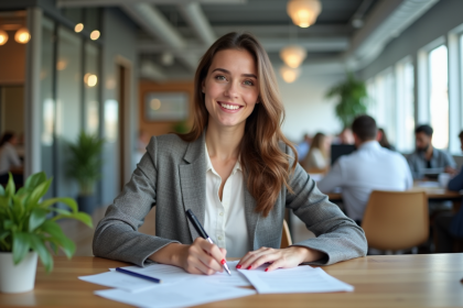 Femme d affaires souriante dans un espace coworking moderne