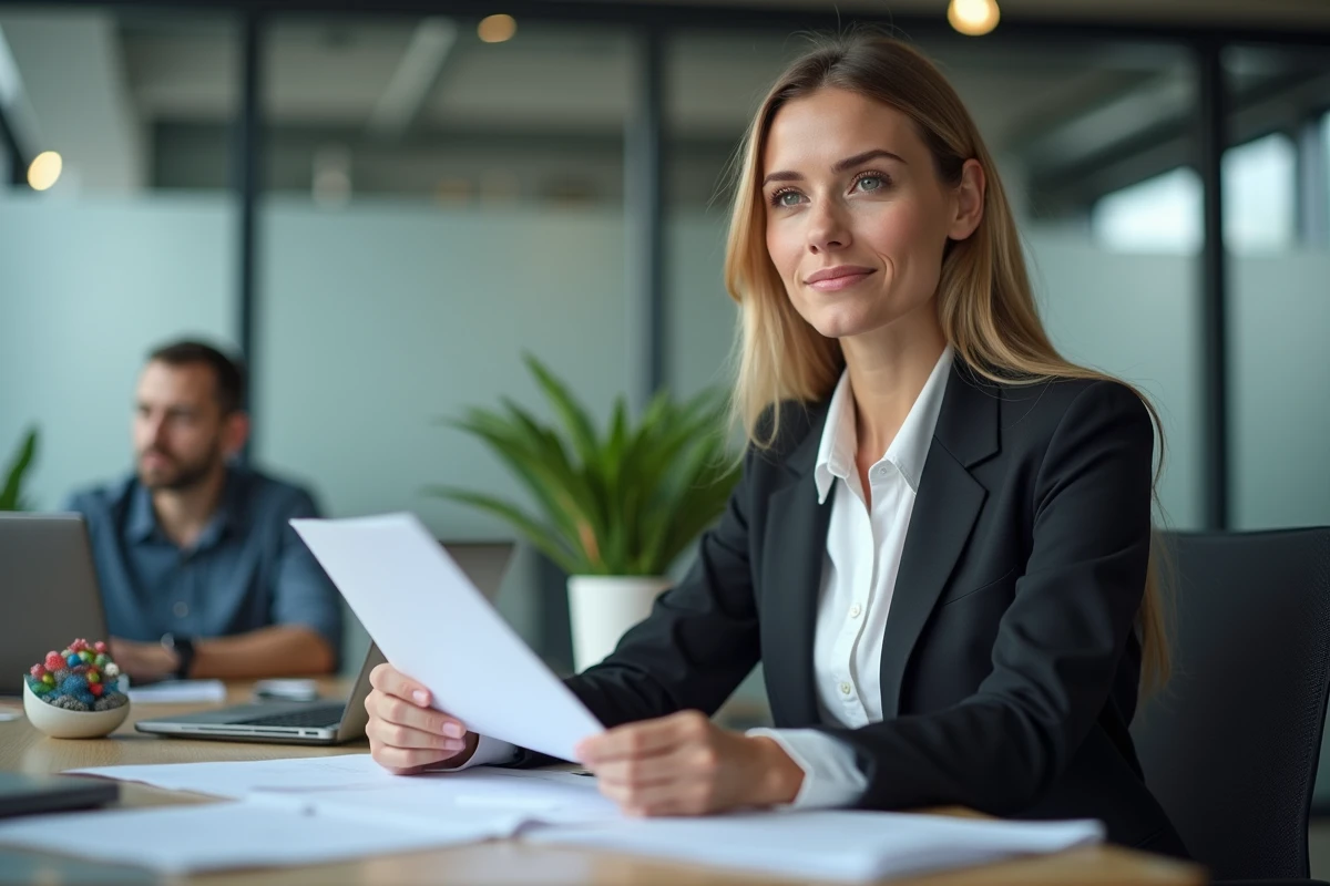 Femme en bureau tenant des documents avec concentration