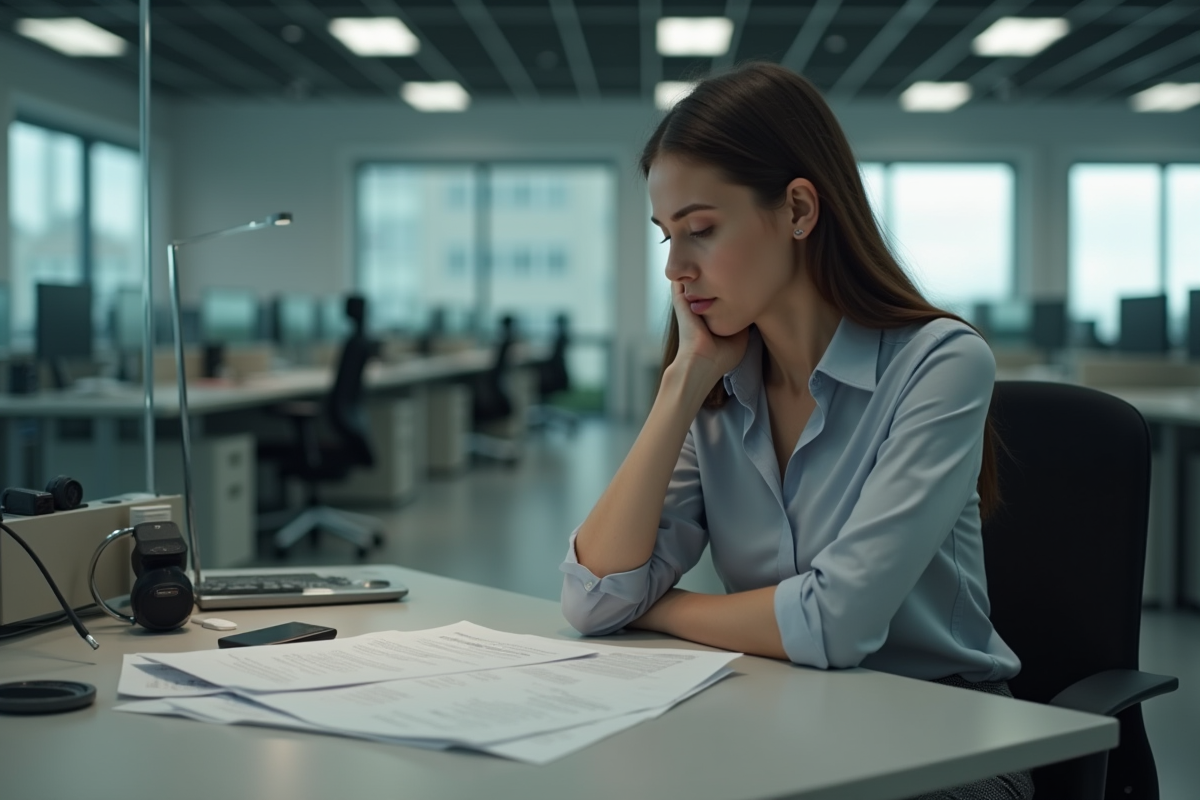 Jeune femme au bureau avec piles de CV en attente