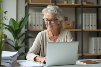 Femme d'environ cinquante ans travaillant à son bureau lumineux