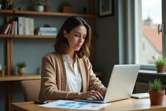 Femme travaillant sur son ordinateur dans un bureau à domicile