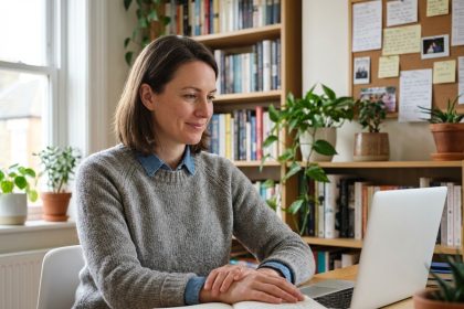 Femme en bureau à domicile avec ordinateur et livres