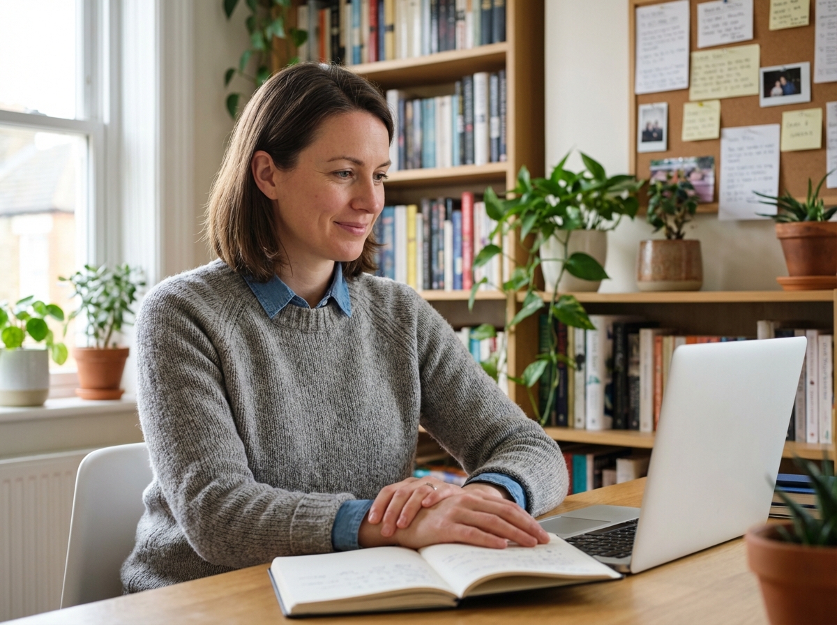 Femme en bureau à domicile avec ordinateur et livres