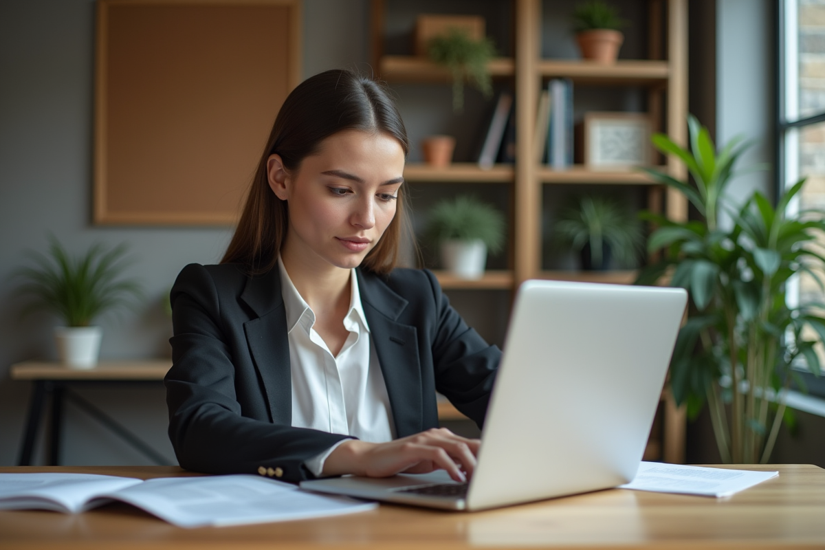 Jeune femme en bureau lisant des brochures et ordinateur
